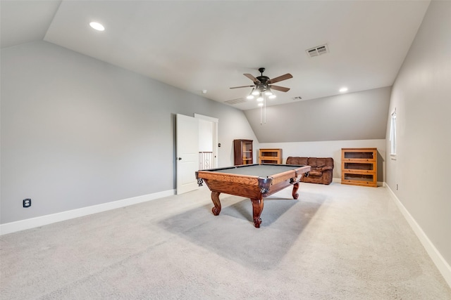 recreation room featuring light carpet, ceiling fan, vaulted ceiling, and billiards