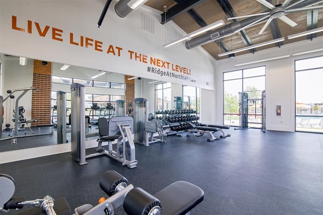 workout area with high vaulted ceiling