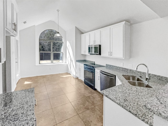 kitchen featuring sink, decorative light fixtures, white cabinets, light stone counters, and stainless steel appliances