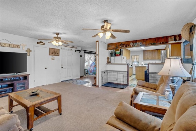 carpeted living room featuring a textured ceiling and ceiling fan