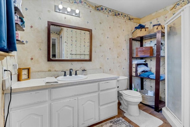 bathroom with wood-type flooring, toilet, and vanity