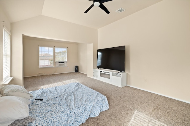 carpeted bedroom with lofted ceiling, cooling unit, and ceiling fan