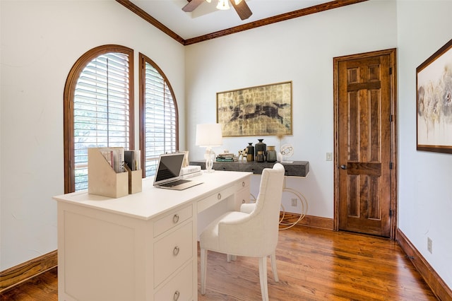 office with crown molding, dark hardwood / wood-style floors, and ceiling fan