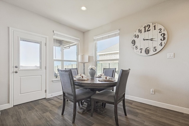 dining space featuring recessed lighting, baseboards, and dark wood-style flooring