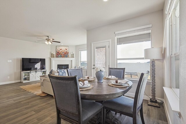 dining area with a glass covered fireplace, wood finished floors, baseboards, and a ceiling fan