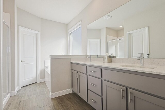 bathroom with a sink, a garden tub, a stall shower, and double vanity