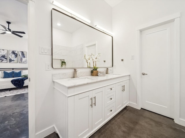 bathroom with vanity, ceiling fan, and concrete floors