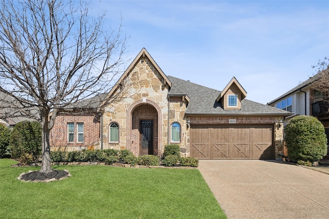 view of front of house featuring stone siding, brick siding, a front lawn, and driveway