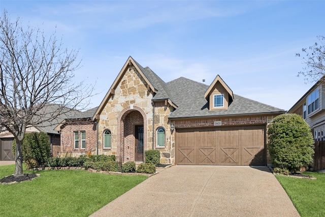 view of front of house featuring a front yard, stone siding, brick siding, and driveway