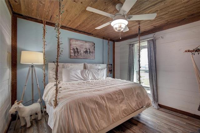 bedroom featuring wooden ceiling, hardwood / wood-style flooring, and ceiling fan