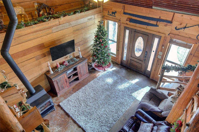 entryway featuring a wood stove