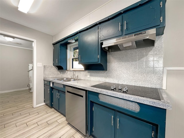 kitchen with dishwasher, sink, black electric stovetop, tasteful backsplash, and blue cabinets