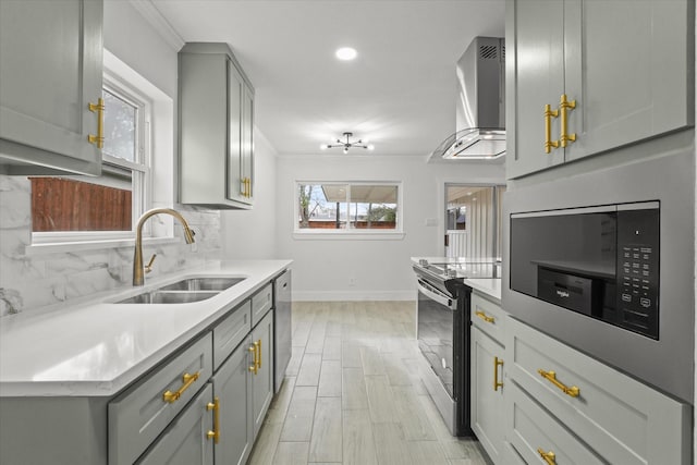 kitchen featuring sink, tasteful backsplash, gray cabinets, electric range oven, and wall chimney range hood