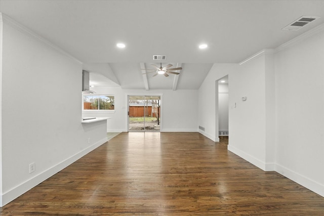 unfurnished living room with vaulted ceiling, ceiling fan, ornamental molding, and dark hardwood / wood-style flooring