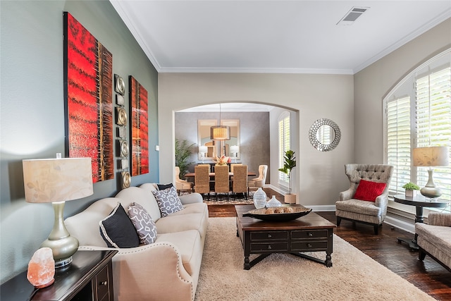 living room with dark hardwood / wood-style floors and ornamental molding