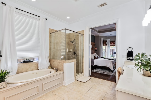 bathroom with vanity, tile patterned flooring, shower with separate bathtub, and ornamental molding