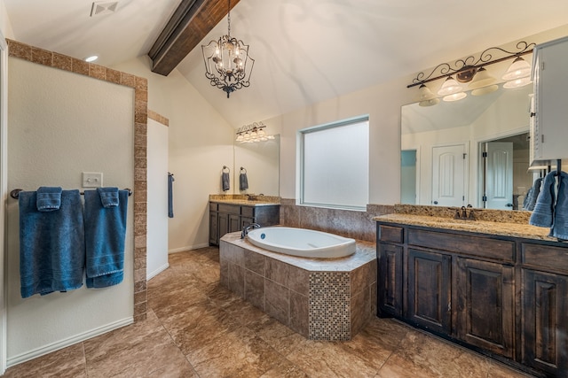 bathroom featuring vaulted ceiling with beams, tiled bath, a notable chandelier, and vanity