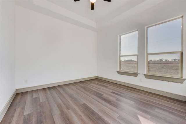 spare room featuring ceiling fan, light hardwood / wood-style floors, and a tray ceiling