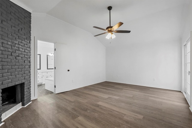 unfurnished living room featuring a fireplace, ceiling fan, lofted ceiling, and dark hardwood / wood-style flooring