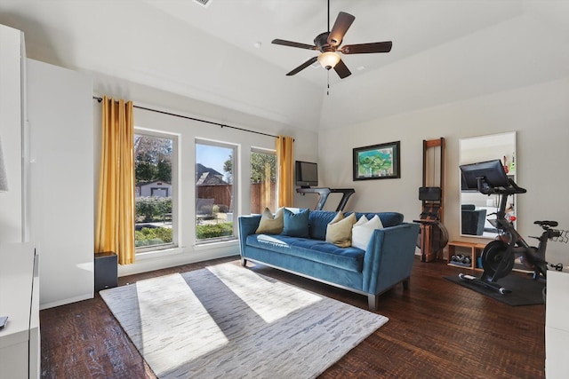 living room with ceiling fan, lofted ceiling, and dark hardwood / wood-style flooring