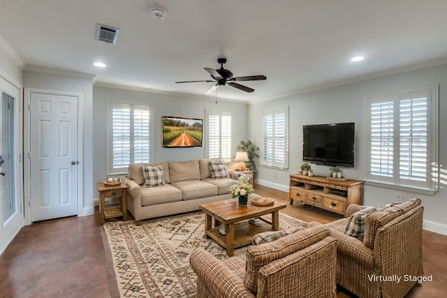 living room featuring ceiling fan and ornamental molding