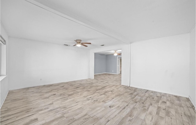 unfurnished room featuring light hardwood / wood-style floors, beamed ceiling, and ceiling fan