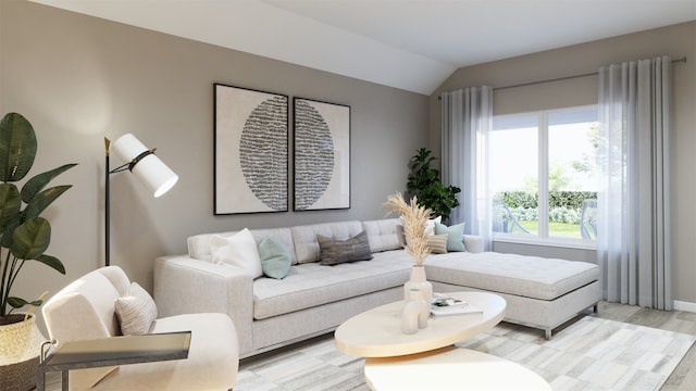 living room featuring vaulted ceiling and light wood-type flooring