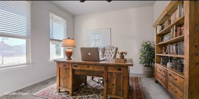 home office with dark carpet