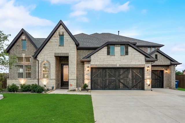 527 Shadow Glen Trl, Wylie, TX 75098 - french country home featuring a shingled roof, concrete driveway, a front yard, and stone siding