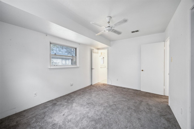 unfurnished bedroom with ceiling fan and carpet floors