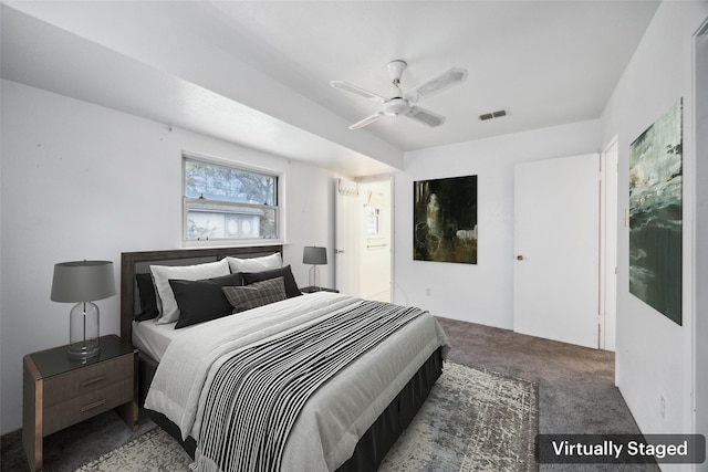 carpeted bedroom featuring ceiling fan