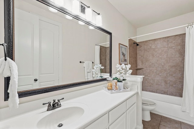 full bathroom with toilet, vanity, shower / tub combo, and tile patterned flooring