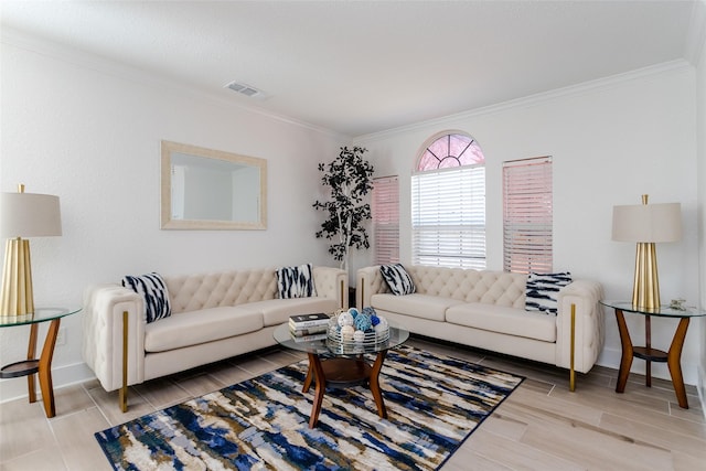 living room featuring light wood-type flooring and crown molding