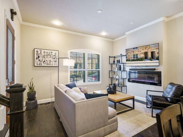 living room featuring dark wood-type flooring, ceiling fan, and french doors