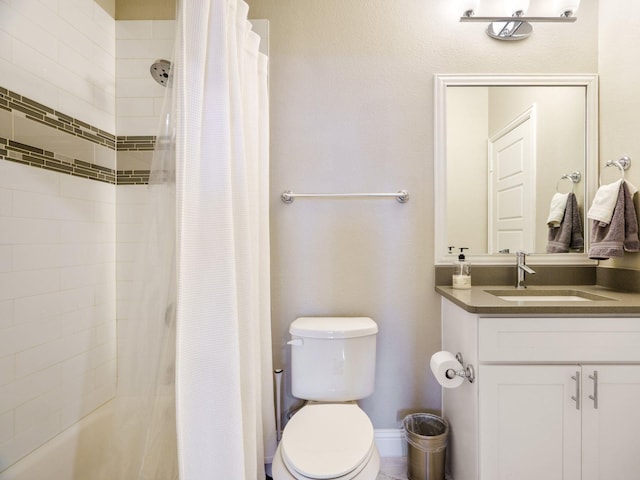 full bathroom with toilet, vanity, and shower / bathtub combination with curtain