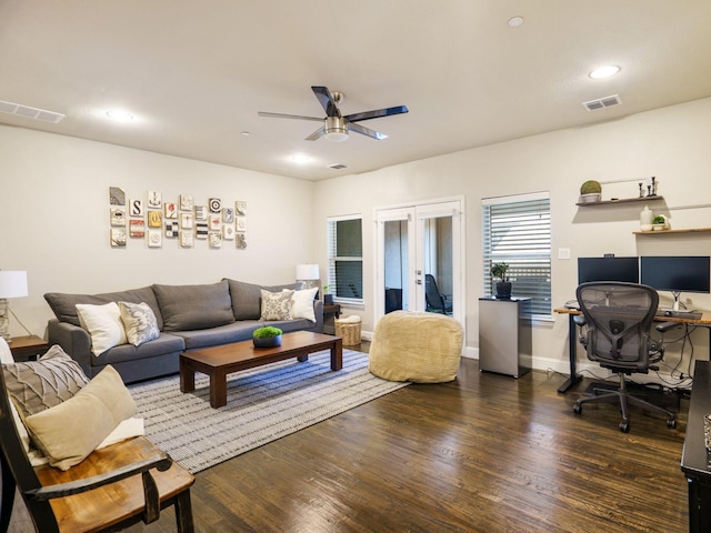 living room featuring french doors, ceiling fan, and dark hardwood / wood-style floors