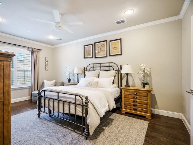 bedroom with ceiling fan, dark hardwood / wood-style floors, and ornamental molding