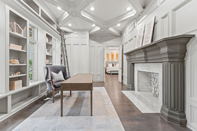 office with crown molding, dark hardwood / wood-style flooring, built in features, coffered ceiling, and beamed ceiling