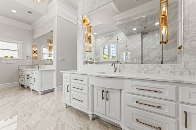 bathroom featuring vanity, decorative backsplash, crown molding, and an enclosed shower