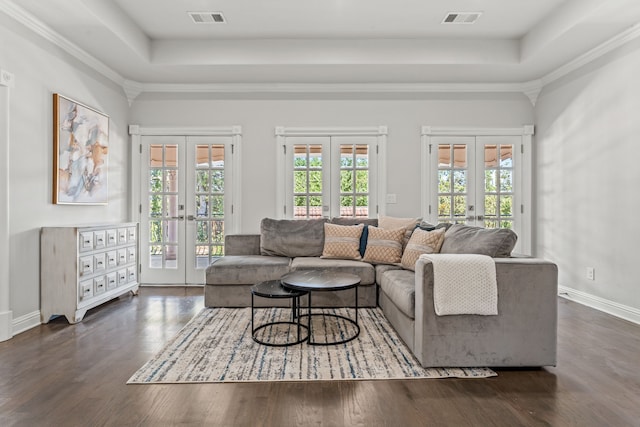 living room with dark wood-type flooring, a raised ceiling, and french doors