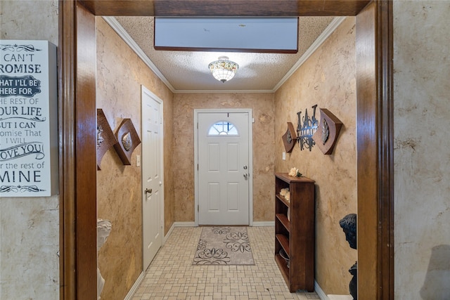 doorway featuring a textured ceiling and ornamental molding