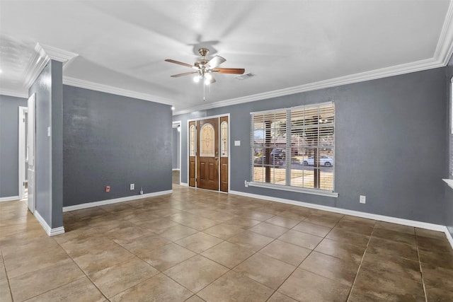 spare room featuring tile patterned flooring, crown molding, and ceiling fan