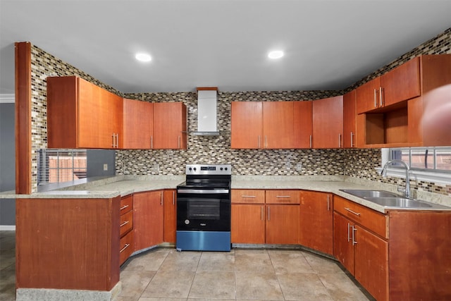 kitchen featuring stainless steel range with electric stovetop, sink, decorative backsplash, and wall chimney range hood