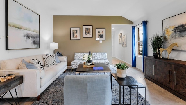 tiled living room with lofted ceiling