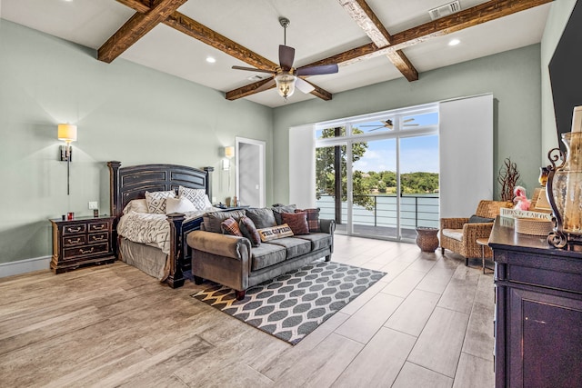 bedroom featuring ceiling fan, beamed ceiling, coffered ceiling, and access to exterior