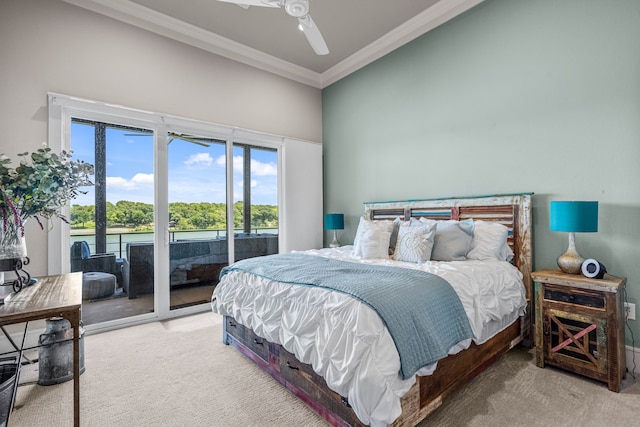 bedroom featuring ceiling fan, access to exterior, crown molding, and carpet flooring