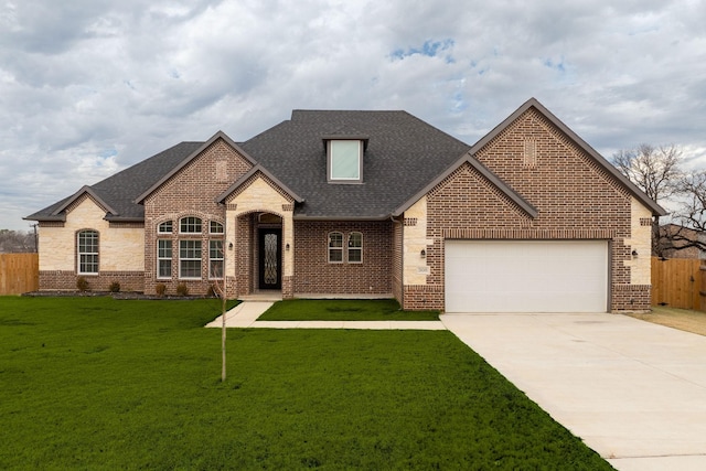 french country inspired facade with a garage and a front lawn