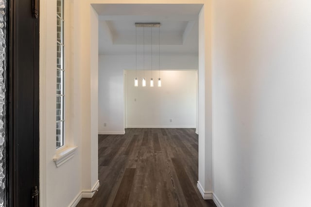 corridor with dark wood-type flooring and a raised ceiling