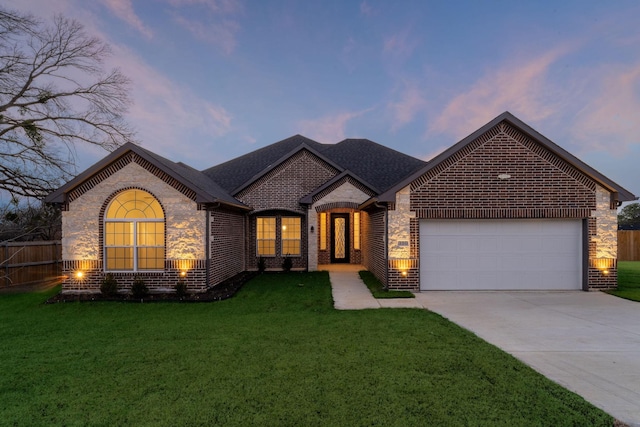 view of front of home featuring a lawn and a garage