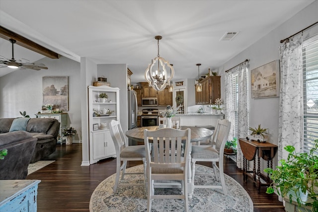 dining room featuring ceiling fan with notable chandelier, dark hardwood / wood-style flooring, and beam ceiling